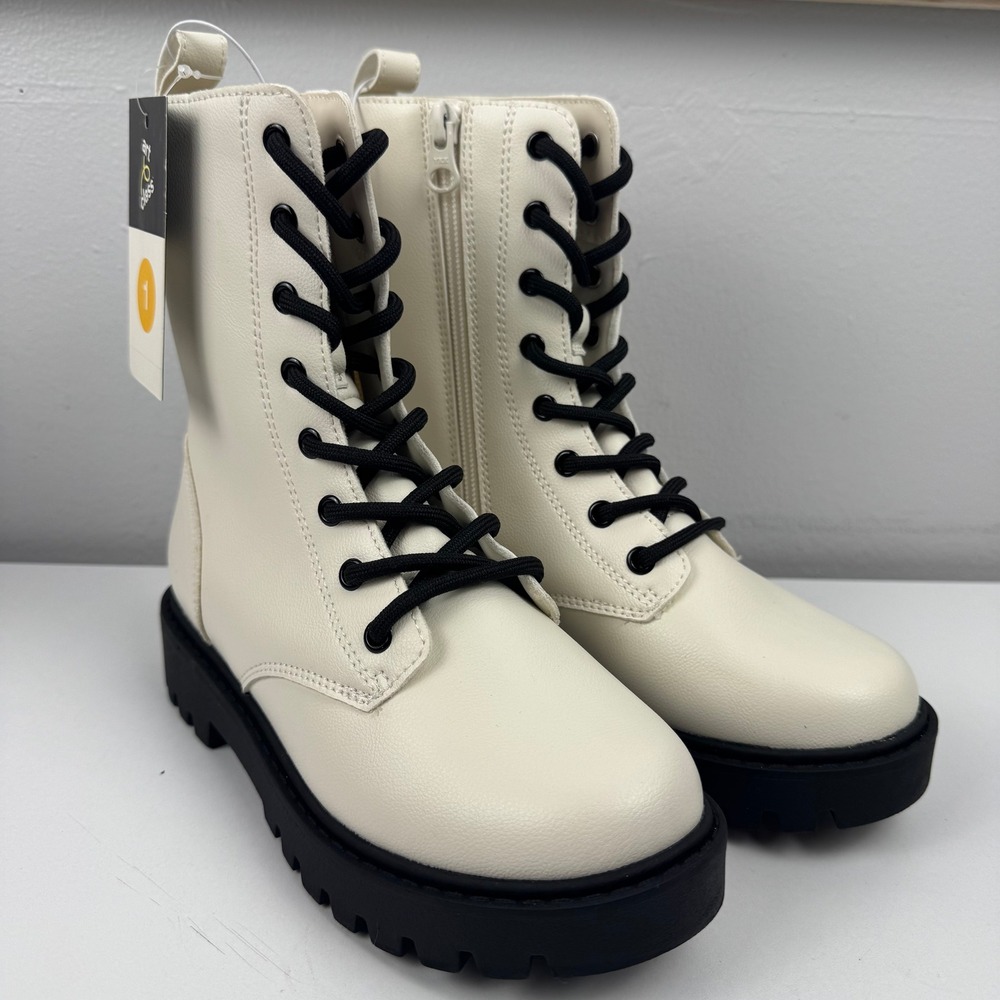 Art Class Girls Cream Combat Boots Black Laces Lug Sole Side Zip Size 1 NEW